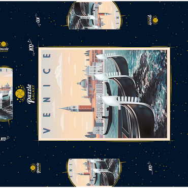 Darstellung des Puzzle Motivs Venedig, Italien, Vietnam, Art Deco style Vintage Poster, Illustration 100 Puzzle Schachtel 3D Modell