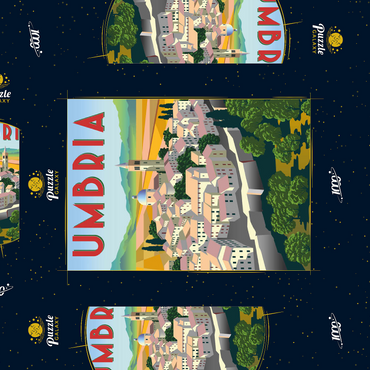 Darstellung des Puzzle Motivs Umbrien Italien, Art Deco style Vintage Poster, Illustration 1000 Puzzle Schachtel 3D Modell