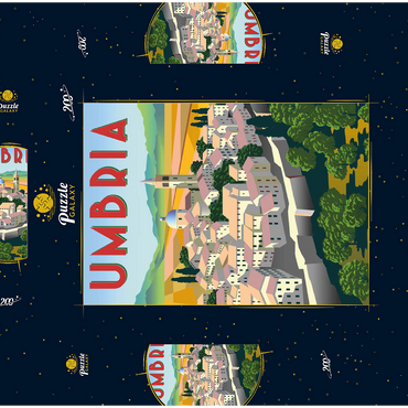 Darstellung des Puzzle Motivs Umbrien Italien, Art Deco style Vintage Poster, Illustration 200 Puzzle Schachtel 3D Modell