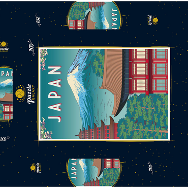 Darstellung des Puzzle Motivs Traditionelles Haus, Japan, Art Deco style Vintage Poster, Illustration 200 Puzzle Schachtel 3D Modell