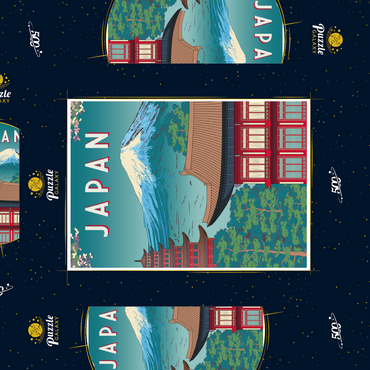 Darstellung des Puzzle Motivs Traditionelles Haus, Japan, Art Deco style Vintage Poster, Illustration 500 Puzzle Schachtel 3D Modell