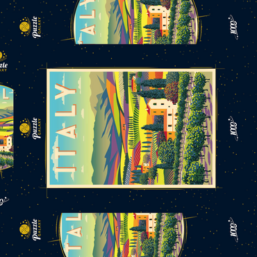 Darstellung des Puzzle Motivs Romantische ländliche Landschaft, Italien, Art Deco style Vintage Poster, Illustration 1000 Puzzle Schachtel 3D Modell