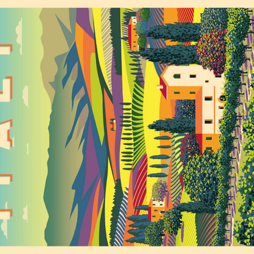 Darstellung des Puzzle Motivs Romantische ländliche Landschaft, Italien, Art Deco style Vintage Poster, Illustration 100 Puzzle 3D Modell