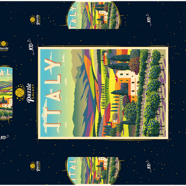 Darstellung des Puzzle Motivs Romantische ländliche Landschaft, Italien, Art Deco style Vintage Poster, Illustration 100 Puzzle Schachtel 3D Modell