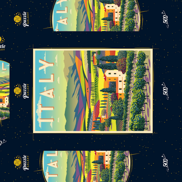 Darstellung des Puzzle Motivs Romantische ländliche Landschaft, Italien, Art Deco style Vintage Poster, Illustration 500 Puzzle Schachtel 3D Modell