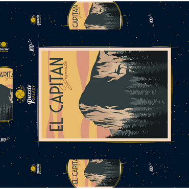 Darstellung des Puzzle Motivs El Capitan im Yosemite National-Park, USA, Art Deco style Vintage Poster, Illustration 100 Puzzle Schachtel 3D Modell