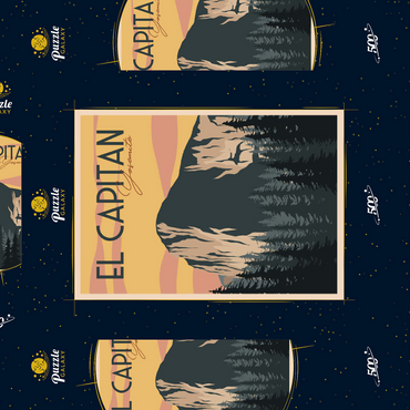 Darstellung des Puzzle Motivs El Capitan im Yosemite National-Park, USA, Art Deco style Vintage Poster, Illustration 500 Puzzle Schachtel 3D Modell