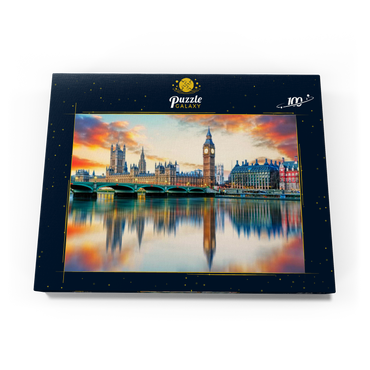 Darstellung des Puzzle Motivs Big Ben und Parlamentsgebäude, London, England 100 Puzzle Schachtel Ansicht3