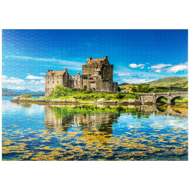 Darstellung des Puzzle Motivs puzzleplate Eilean Donan Castle an einem warmen Sommertag - Dornie, Schottland 1000 Puzzle
