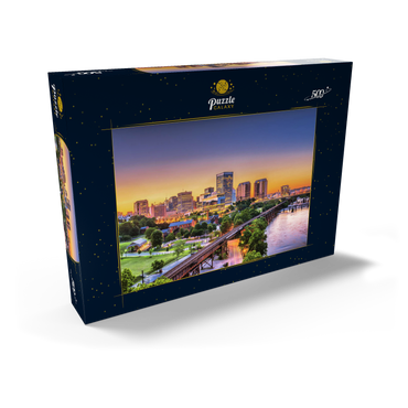 Darstellung des Puzzle Motivs Richmond, Virginia, USA, Skyline der Innenstadt am Fluss in der Dämmerung 500 Puzzle Schachtel Ansicht2