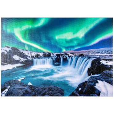 Darstellung des Puzzle Motivs puzzleplate Nordlichter über dem Godafoss Wasserfall in Island 1000 Puzzle
