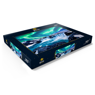 Darstellung des Puzzle Motivs Nordlichter über dem Godafoss Wasserfall in Island 200 Puzzle Schachtel Ansicht1