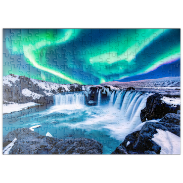 Darstellung des Puzzle Motivs puzzleplate Nordlichter über dem Godafoss Wasserfall in Island 200 Puzzle