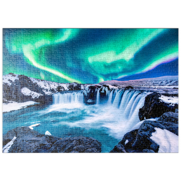 Darstellung des Puzzle Motivs puzzleplate Nordlichter über dem Godafoss Wasserfall in Island 500 Puzzle