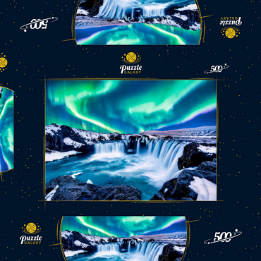 Darstellung des Puzzle Motivs Nordlichter über dem Godafoss Wasserfall in Island 500 Puzzle Schachtel 3D Modell