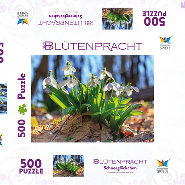 Darstellung des Puzzle Motivs Schneeglöckchen (Galanthus nivalis), Frühlingsblumen im Wald 500 Puzzle Schachtel 3D Modell
