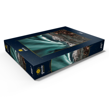 Darstellung des Puzzle Motivs Nordlicht, Aurora borealis über erstaunlicher Landschaft in Lofoten, Norwegen 1000 Puzzle Schachtel Ansicht1