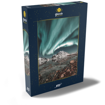 Darstellung des Puzzle Motivs Nordlicht, Aurora borealis über erstaunlicher Landschaft in Lofoten, Norwegen 1000 Puzzle Schachtel Ansicht2