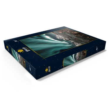 Darstellung des Puzzle Motivs Nordlicht, Aurora borealis über erstaunlicher Landschaft in Lofoten, Norwegen 100 Puzzle Schachtel Ansicht1