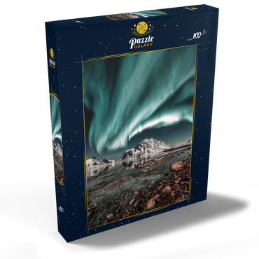 Darstellung des Puzzle Motivs Nordlicht, Aurora borealis über erstaunlicher Landschaft in Lofoten, Norwegen 100 Puzzle Schachtel Ansicht2