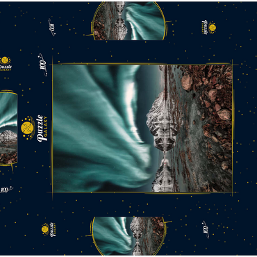 Darstellung des Puzzle Motivs Nordlicht, Aurora borealis über erstaunlicher Landschaft in Lofoten, Norwegen 100 Puzzle Schachtel 3D Modell