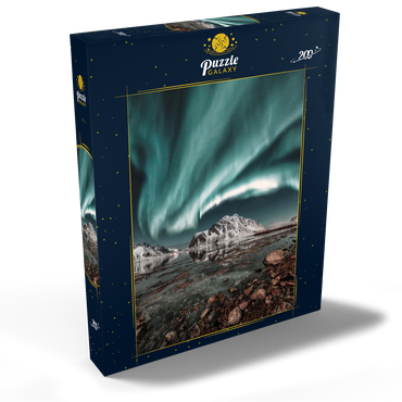 Darstellung des Puzzle Motivs Nordlicht, Aurora borealis über erstaunlicher Landschaft in Lofoten, Norwegen 200 Puzzle Schachtel Ansicht2