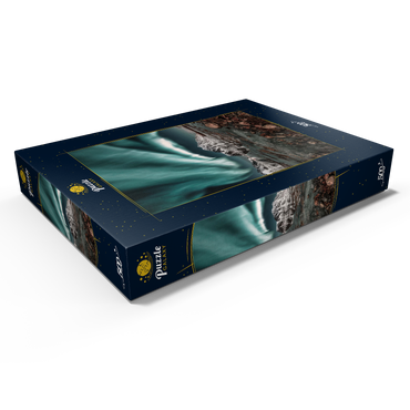 Darstellung des Puzzle Motivs Nordlicht, Aurora borealis über erstaunlicher Landschaft in Lofoten, Norwegen 500 Puzzle Schachtel Ansicht1