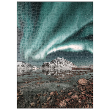 Darstellung des Puzzle Motivs puzzleplate Nordlicht, Aurora borealis über erstaunlicher Landschaft in Lofoten, Norwegen 500 Puzzle