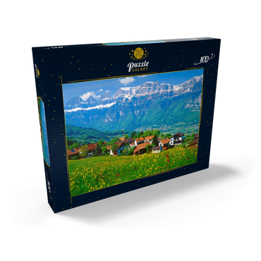 Darstellung des Puzzle Motivs Kleinberg bei Flums gegen Churfirsten, Kanton St. Gallen, Schweiz 100 Puzzle Schachtel Ansicht2