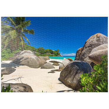 Darstellung des Puzzle Motivs puzzleplate Granitfelsen am Carana Beach in der Carana Bay, Nordspitze der Insel Mahe, Seychellen 1000 Puzzle