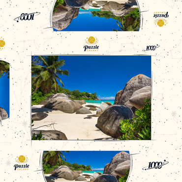 Darstellung des Puzzle Motivs Granitfelsen am Carana Beach in der Carana Bay, Nordspitze der Insel Mahe, Seychellen 1000 Puzzle Schachtel 3D Modell