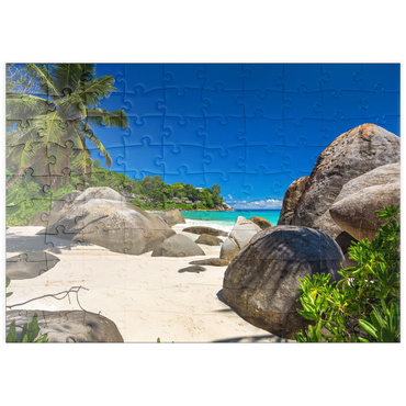 Darstellung des Puzzle Motivs puzzleplate Granitfelsen am Carana Beach in der Carana Bay, Nordspitze der Insel Mahe, Seychellen 100 Puzzle