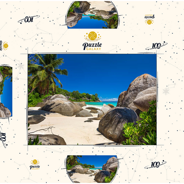 Darstellung des Puzzle Motivs Granitfelsen am Carana Beach in der Carana Bay, Nordspitze der Insel Mahe, Seychellen 100 Puzzle Schachtel 3D Modell