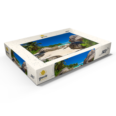Darstellung des Puzzle Motivs Granitfelsen am Carana Beach in der Carana Bay, Nordspitze der Insel Mahe, Seychellen 500 Puzzle Schachtel Ansicht1