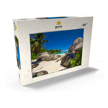 Darstellung des Puzzle Motivs Granitfelsen am Carana Beach in der Carana Bay, Nordspitze der Insel Mahe, Seychellen 500 Puzzle Schachtel Ansicht2