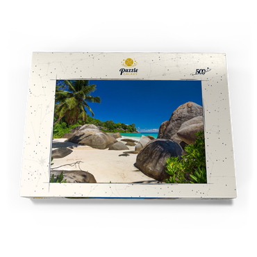 Darstellung des Puzzle Motivs Granitfelsen am Carana Beach in der Carana Bay, Nordspitze der Insel Mahe, Seychellen 500 Puzzle Schachtel Ansicht3