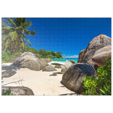 Darstellung des Puzzle Motivs puzzleplate Granitfelsen am Carana Beach in der Carana Bay, Nordspitze der Insel Mahe, Seychellen 500 Puzzle