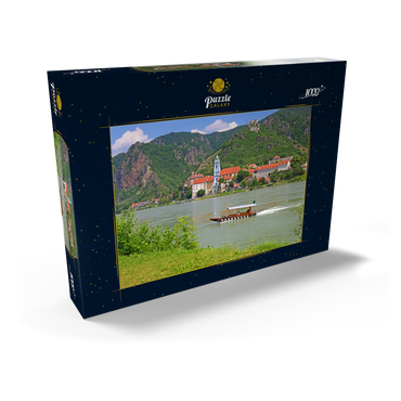 Darstellung des Puzzle Motivs Personenfähre auf der Donau bei Rossatz-Arnsdorf mit Blick nach Dürnstein - Österreich 1000 Puzzle Schachtel Ansicht2