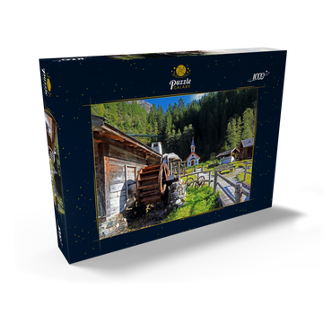 Darstellung des Puzzle Motivs Wassermühle und Kapelle im Mühlendorf bei Gschnitz im Gschnitztal 1000 Puzzle Schachtel Ansicht2