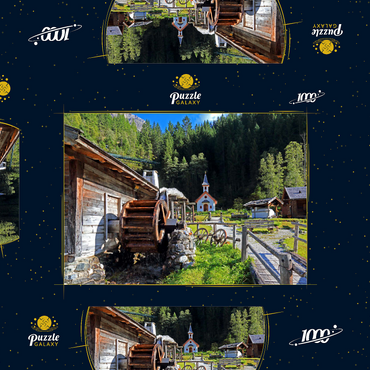 Darstellung des Puzzle Motivs Wassermühle und Kapelle im Mühlendorf bei Gschnitz im Gschnitztal 1000 Puzzle Schachtel 3D Modell