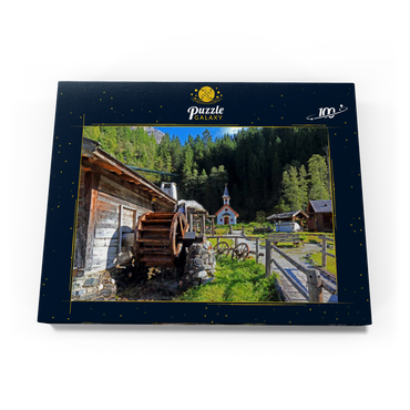 Darstellung des Puzzle Motivs Wassermühle und Kapelle im Mühlendorf bei Gschnitz im Gschnitztal 100 Puzzle Schachtel Ansicht3