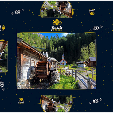 Darstellung des Puzzle Motivs Wassermühle und Kapelle im Mühlendorf bei Gschnitz im Gschnitztal 100 Puzzle Schachtel 3D Modell