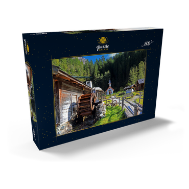 Darstellung des Puzzle Motivs Wassermühle und Kapelle im Mühlendorf bei Gschnitz im Gschnitztal 500 Puzzle Schachtel Ansicht2