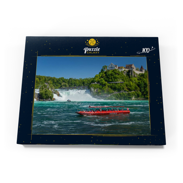 Darstellung des Puzzle Motivs Rundfahrtschiffe auf dem Rhein mit Blick zum Rheinfall zum Schloss Laufen 100 Puzzle Schachtel Ansicht3