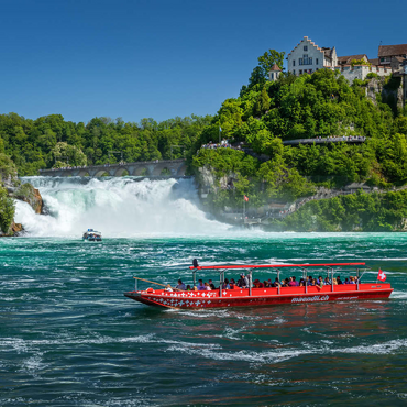 Darstellung des Puzzle Motivs Rundfahrtschiffe auf dem Rhein mit Blick zum Rheinfall zum Schloss Laufen 200 Puzzle 3D Modell