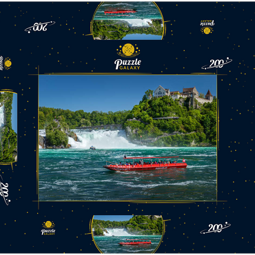Darstellung des Puzzle Motivs Rundfahrtschiffe auf dem Rhein mit Blick zum Rheinfall zum Schloss Laufen 200 Puzzle Schachtel 3D Modell