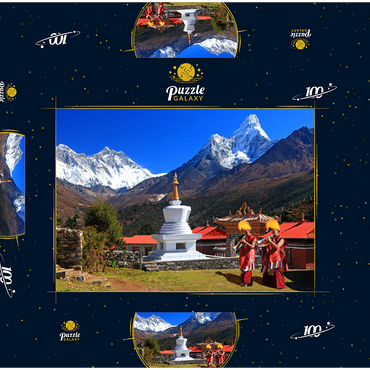 Darstellung des Puzzle Motivs Mönche vor der Stupa in der buddhistischen Klosteranlage Tengpoche gegen Mount Everest (8848m), Nepal 100 Puzzle Schachtel 3D Modell