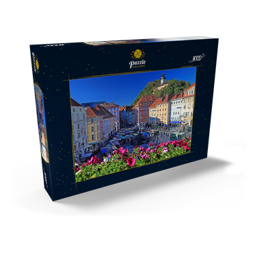 Darstellung des Puzzle Motivs Hauptplatz mit Blick zum Schlossberg und dem Uhrturm - Österreich 1000 Puzzle Schachtel Ansicht2