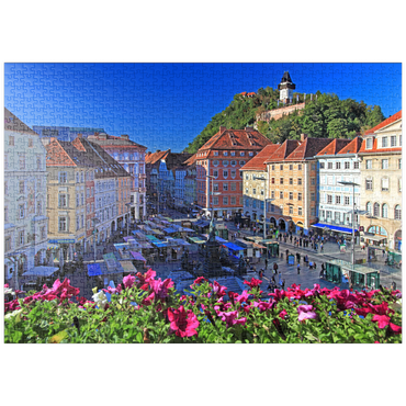 Darstellung des Puzzle Motivs puzzleplate Hauptplatz mit Blick zum Schlossberg und dem Uhrturm - Österreich 1000 Puzzle