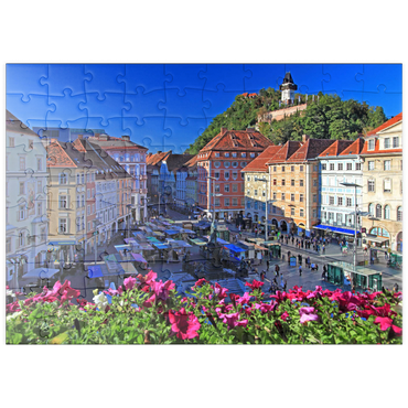 Darstellung des Puzzle Motivs puzzleplate Hauptplatz mit Blick zum Schlossberg und dem Uhrturm - Österreich 100 Puzzle